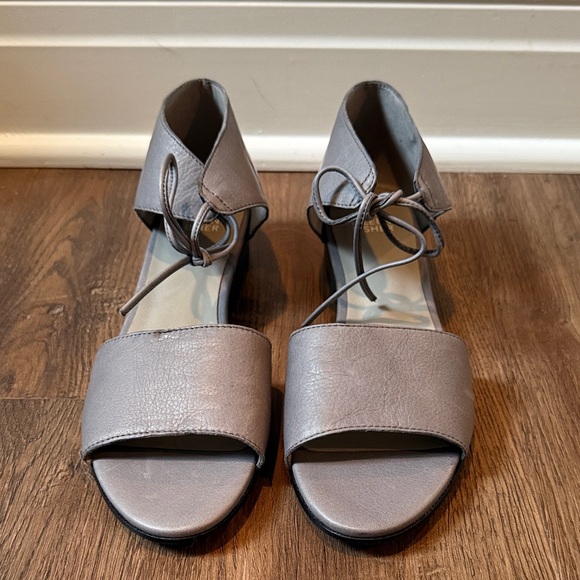 Eileen Fisher Graphite Leather Ankle-Tie Open-Toe Heels - Picture 2 of 14
